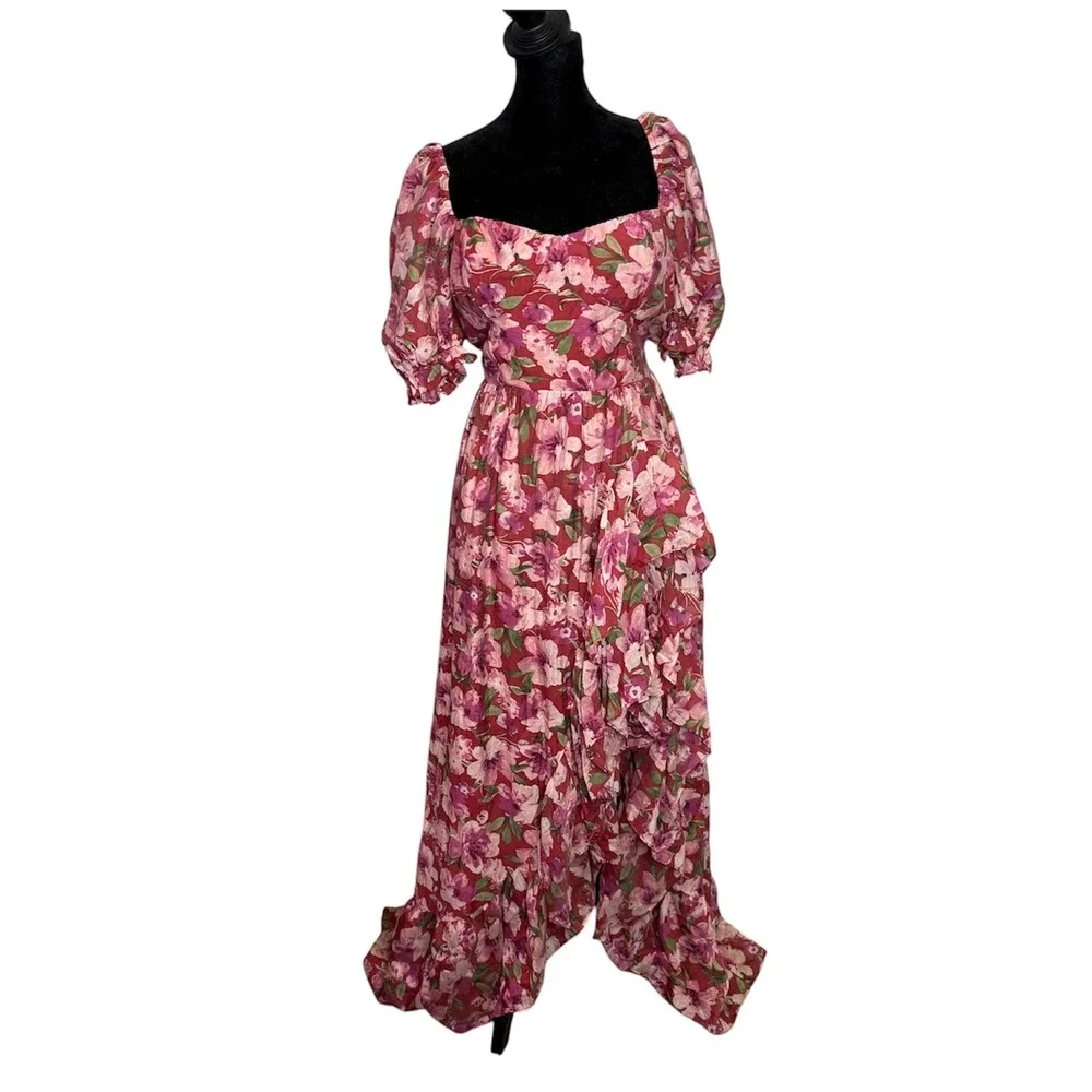 Floral Ruffle Maxi Dress Women L Sweetheart Neck Puff Sleeve Cottage Romantic